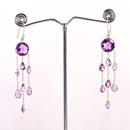 Handmade 925 Sterling Silver Chain Dangle Earrings with Amethyst